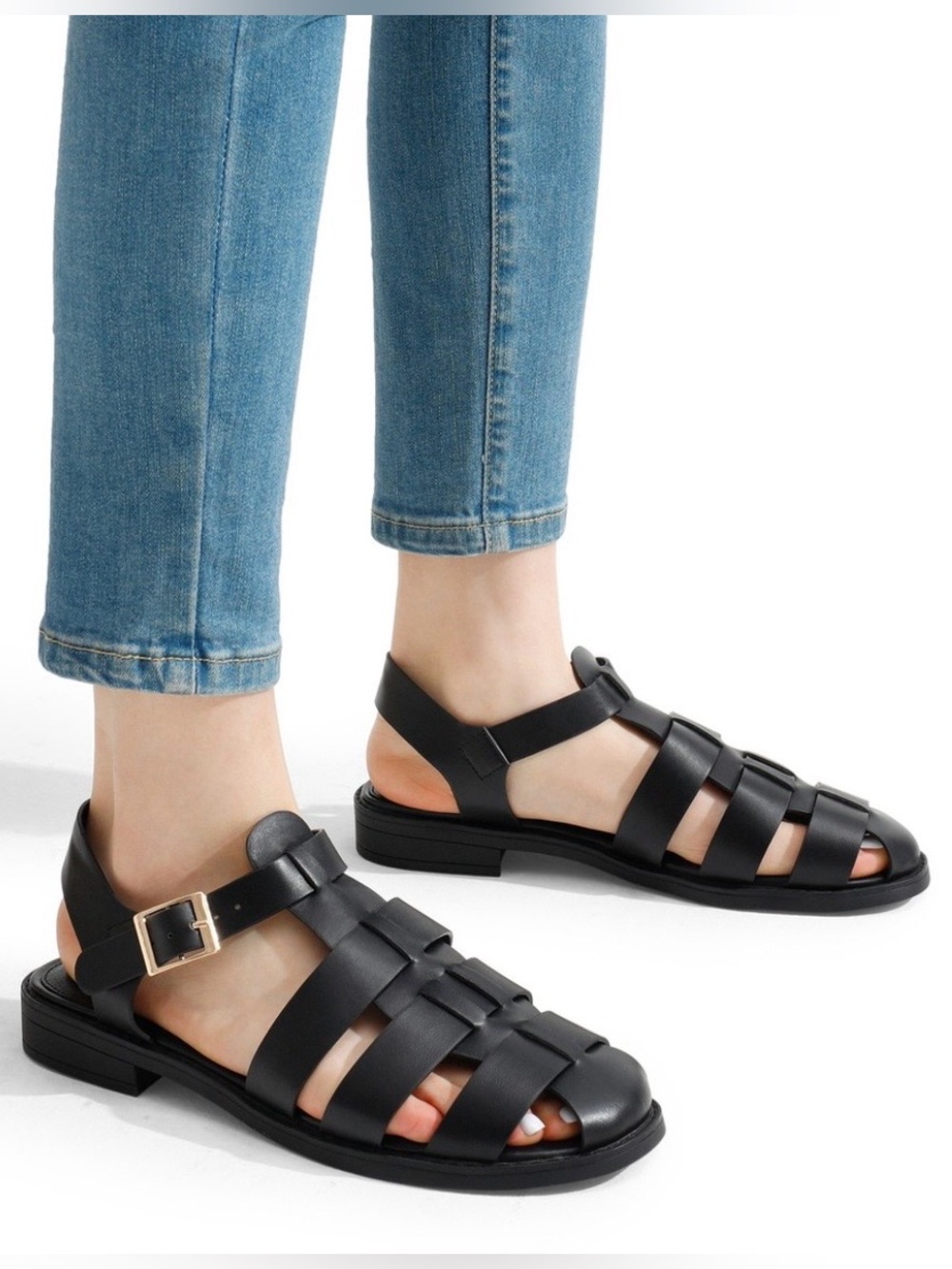 Indigo Rd. Faux Leather Black Fisherman Sandals Strappy Buckle